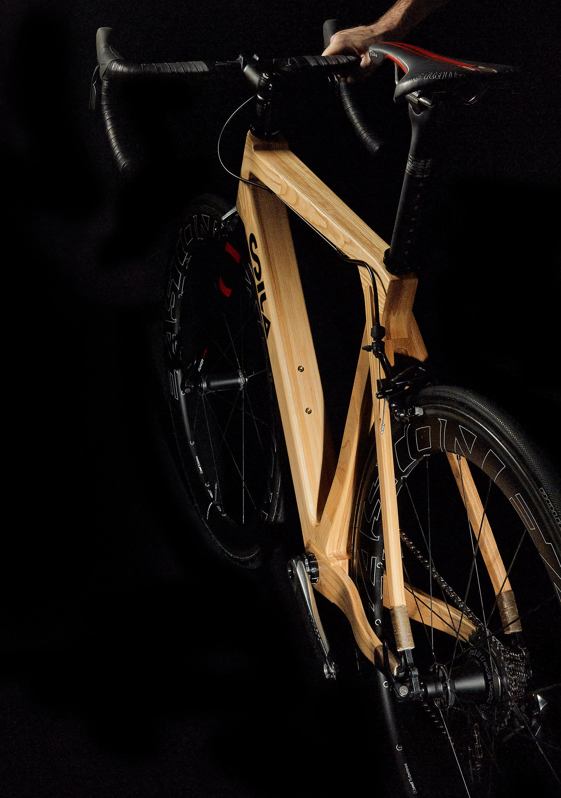 Vue de dos du vélo en bois SILA