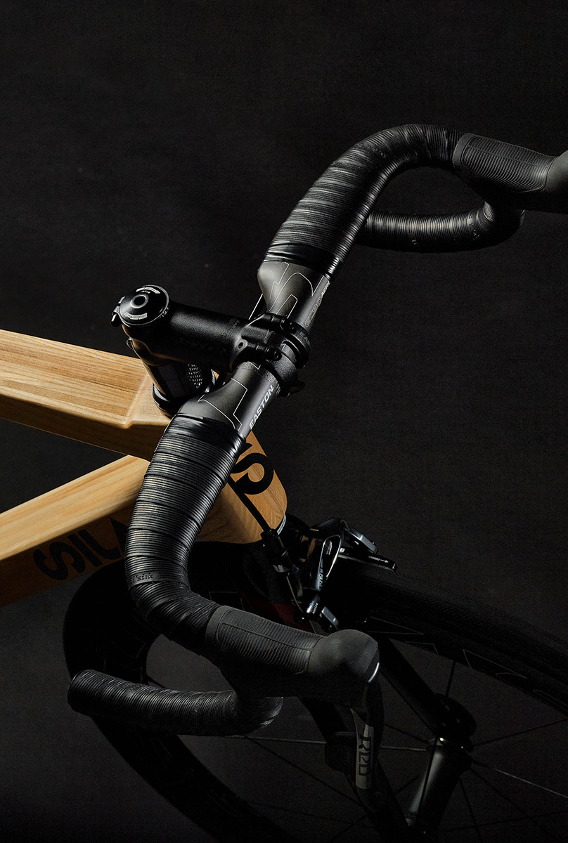 Close up of the handle of the SILA wooden road bike